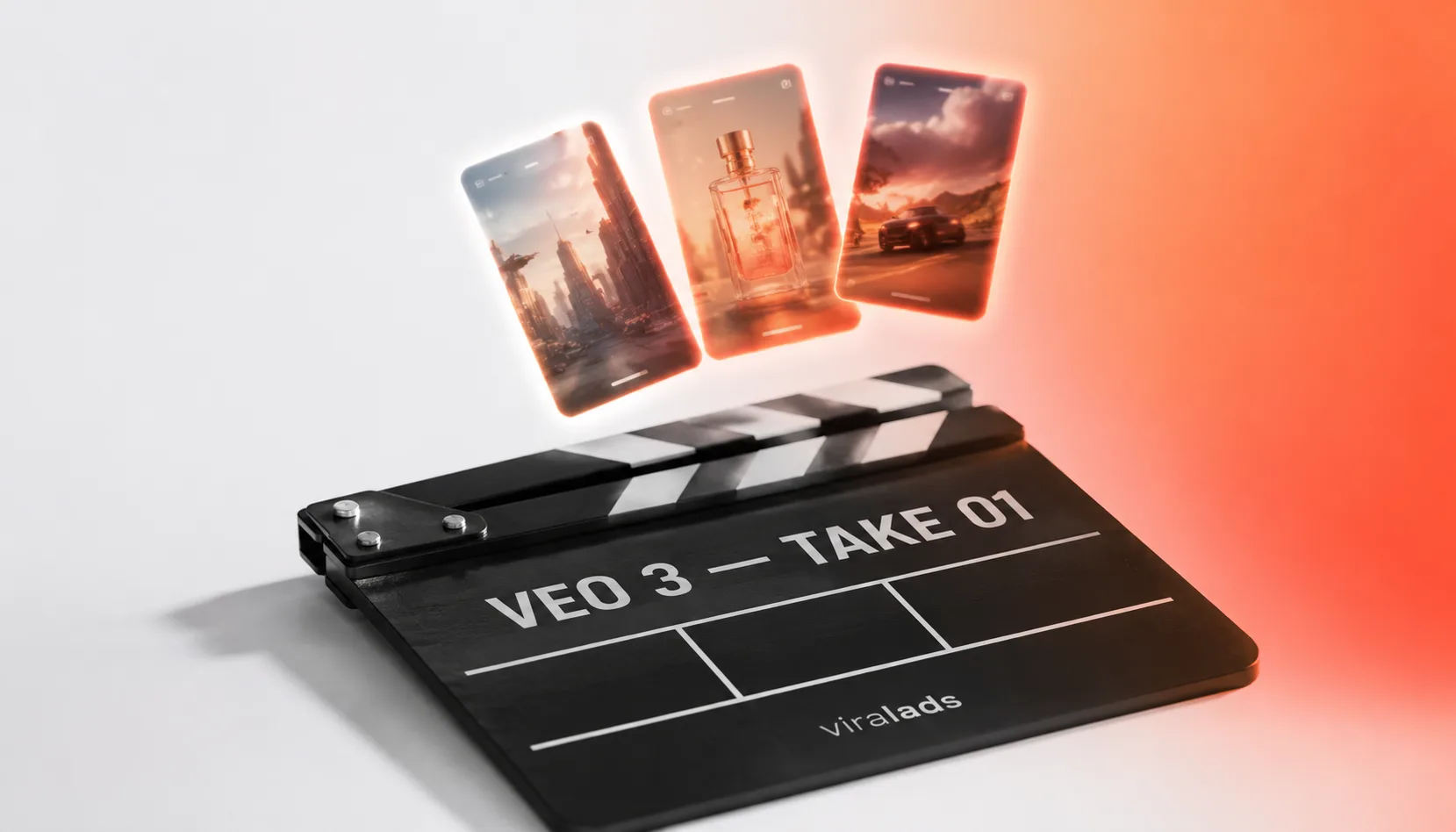 How to make ads with Veo 3: a film clapperboard slated 'VEO 3 — TAKE 01' with three glowing 9:16 video frames floating above it, illustrating the 8-second clip workflow